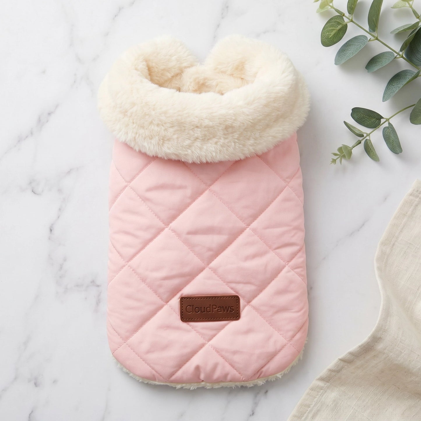 Pink quilted baby bag with cream fur lining on a marble surface