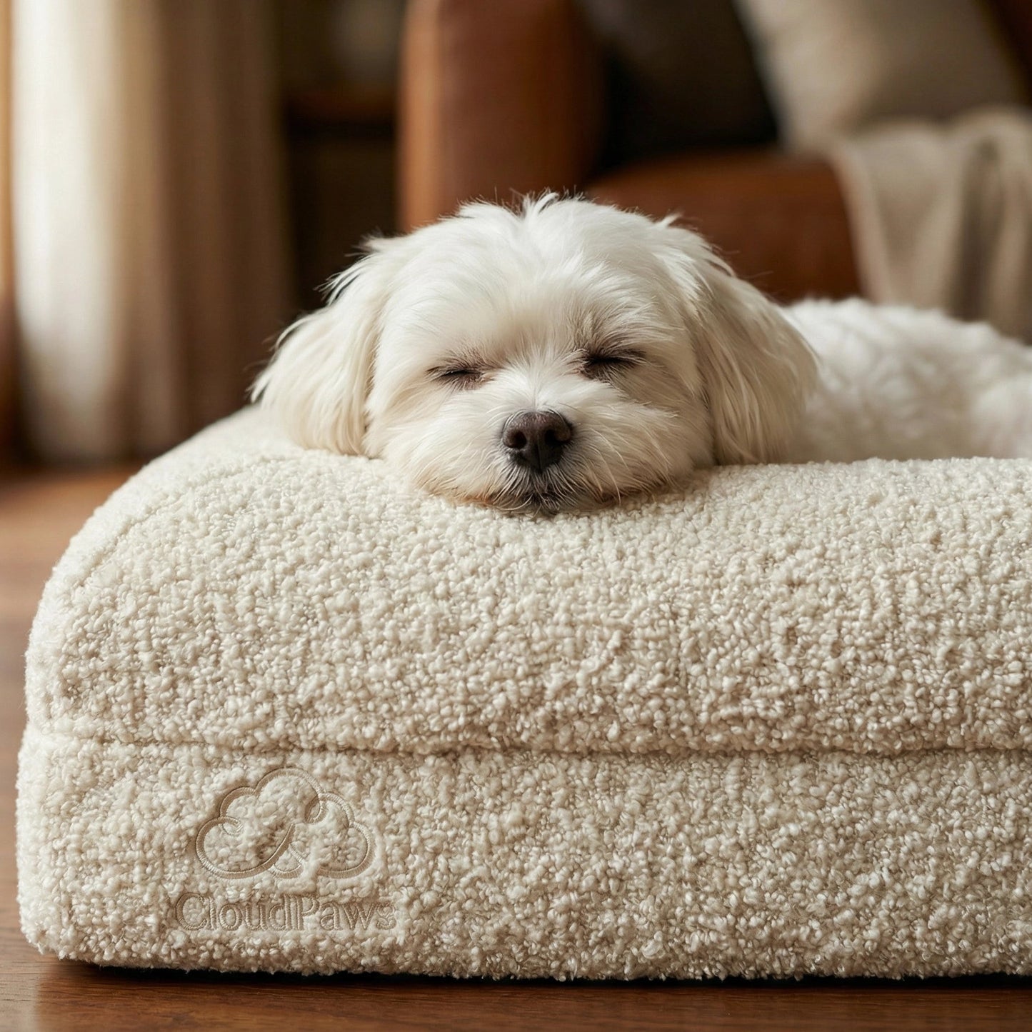 Small white dog lying on a beige pet bed in a cozy room.
