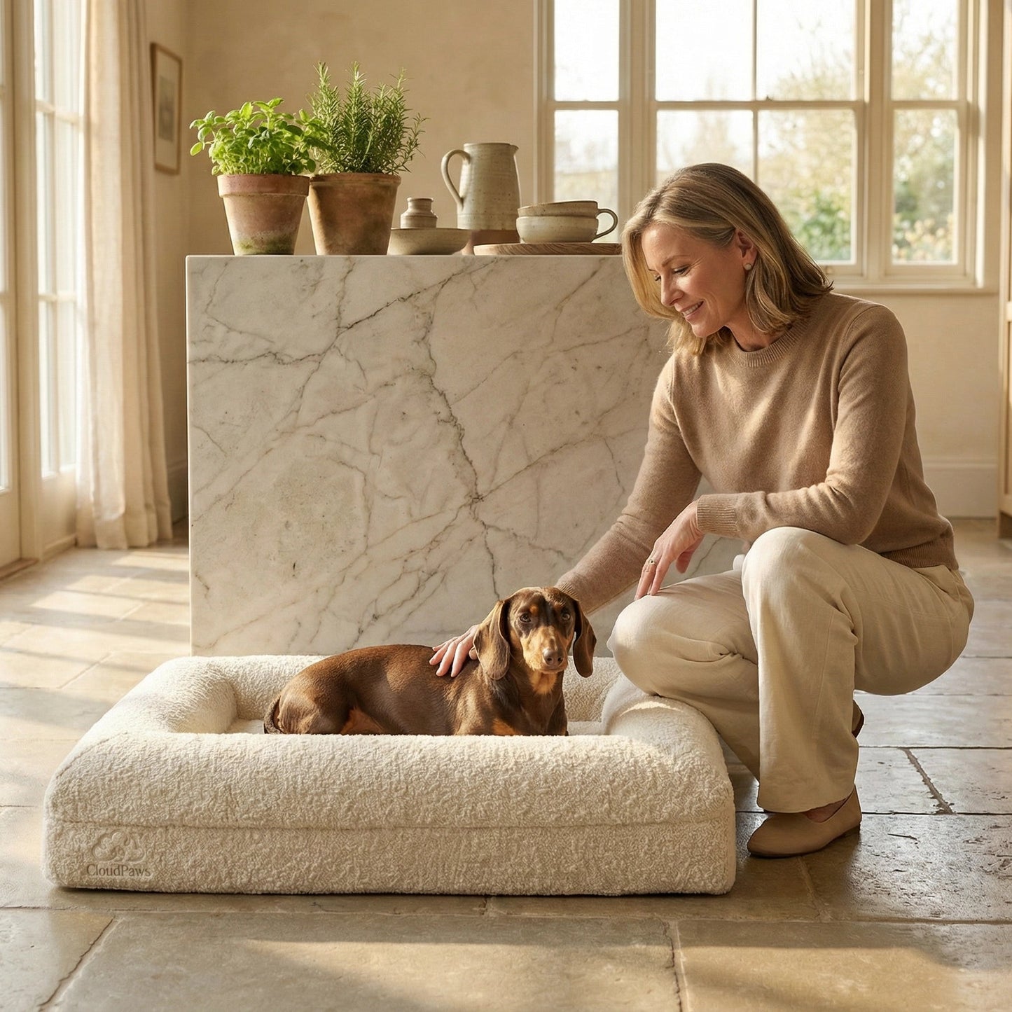 Woman sitting on a stone floor with two dogs on a large white pet bed in a bright room.