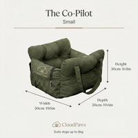 Green pet car seat with dimensions and CloudPaws branding on a white background