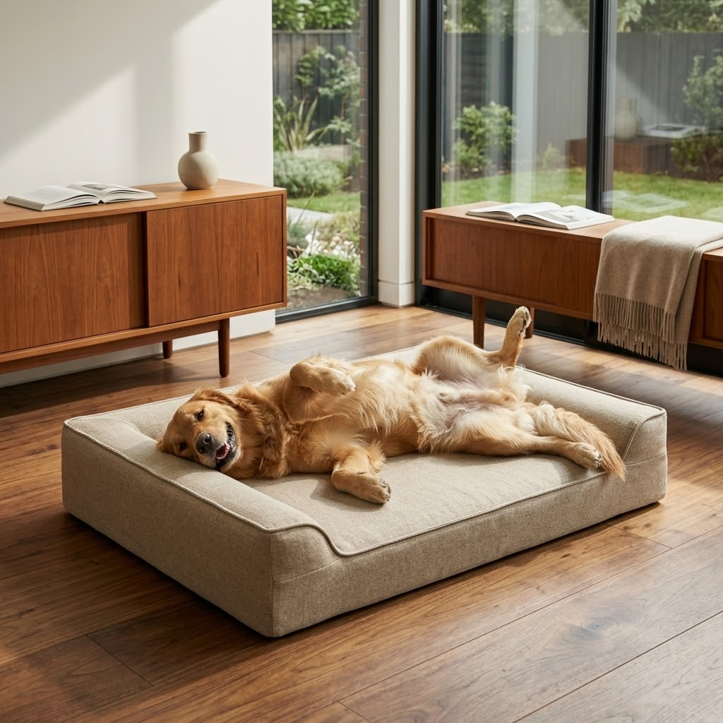 Dog lying on a large pet bed in a modern living room with wooden furniture and large windows.