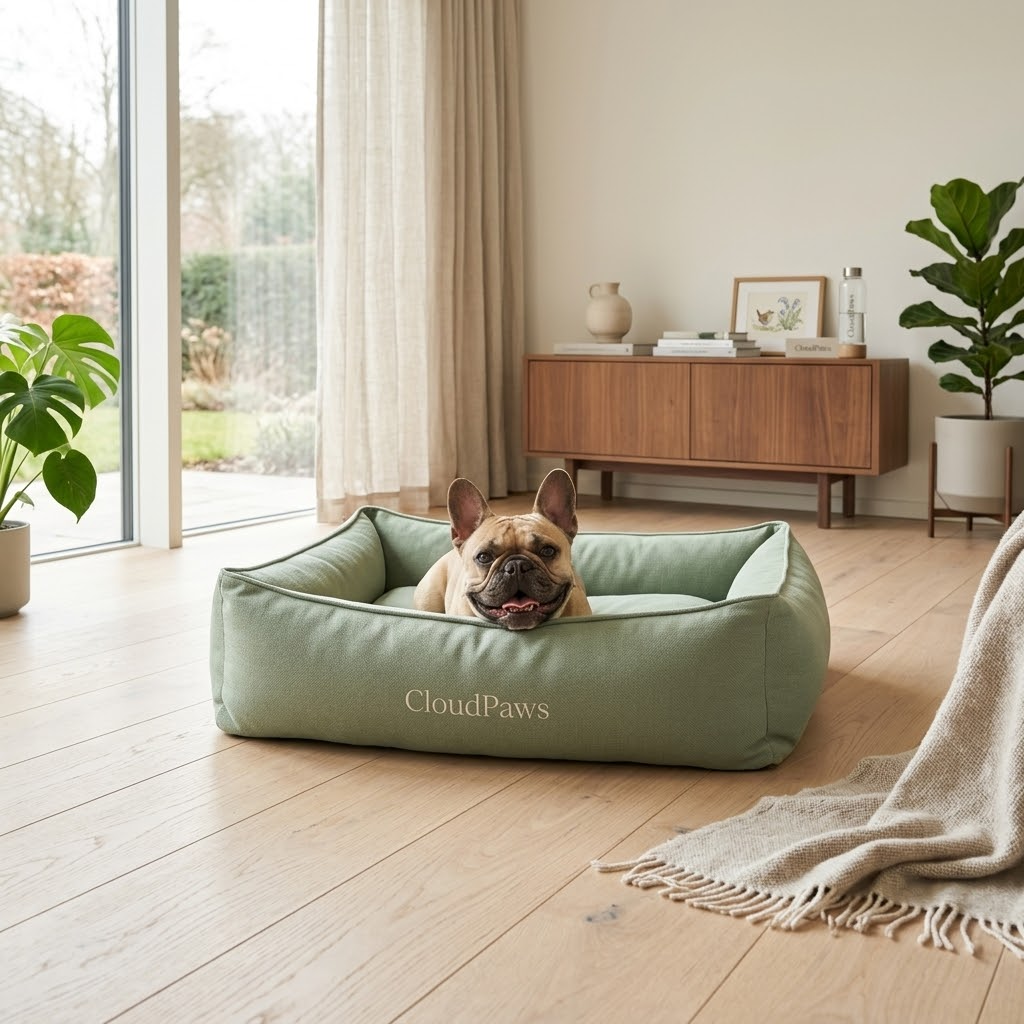Dog lying on a green CloudPaws bed in a modern living room.