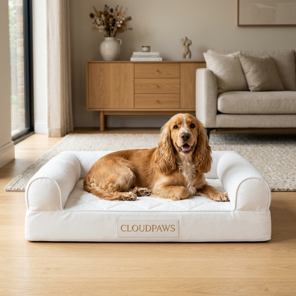 Dog lying on a CloudPaws pet bed in a living room.