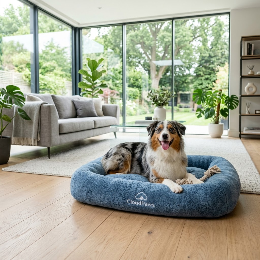 Dog lying on a blue CloudPaws dog bed in a modern living room.