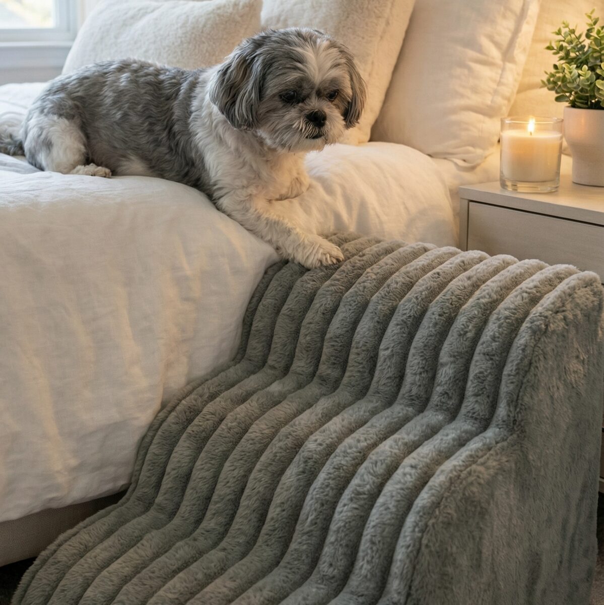 Dog lying on a bed with a textured gray blanket, next to a nightstand with a candle and plant.