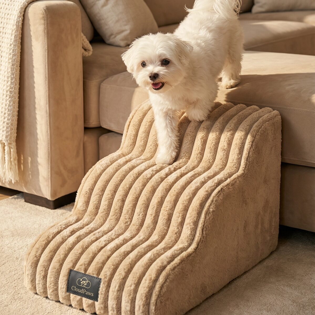 White dog standing on a beige pet ramp in a living room.