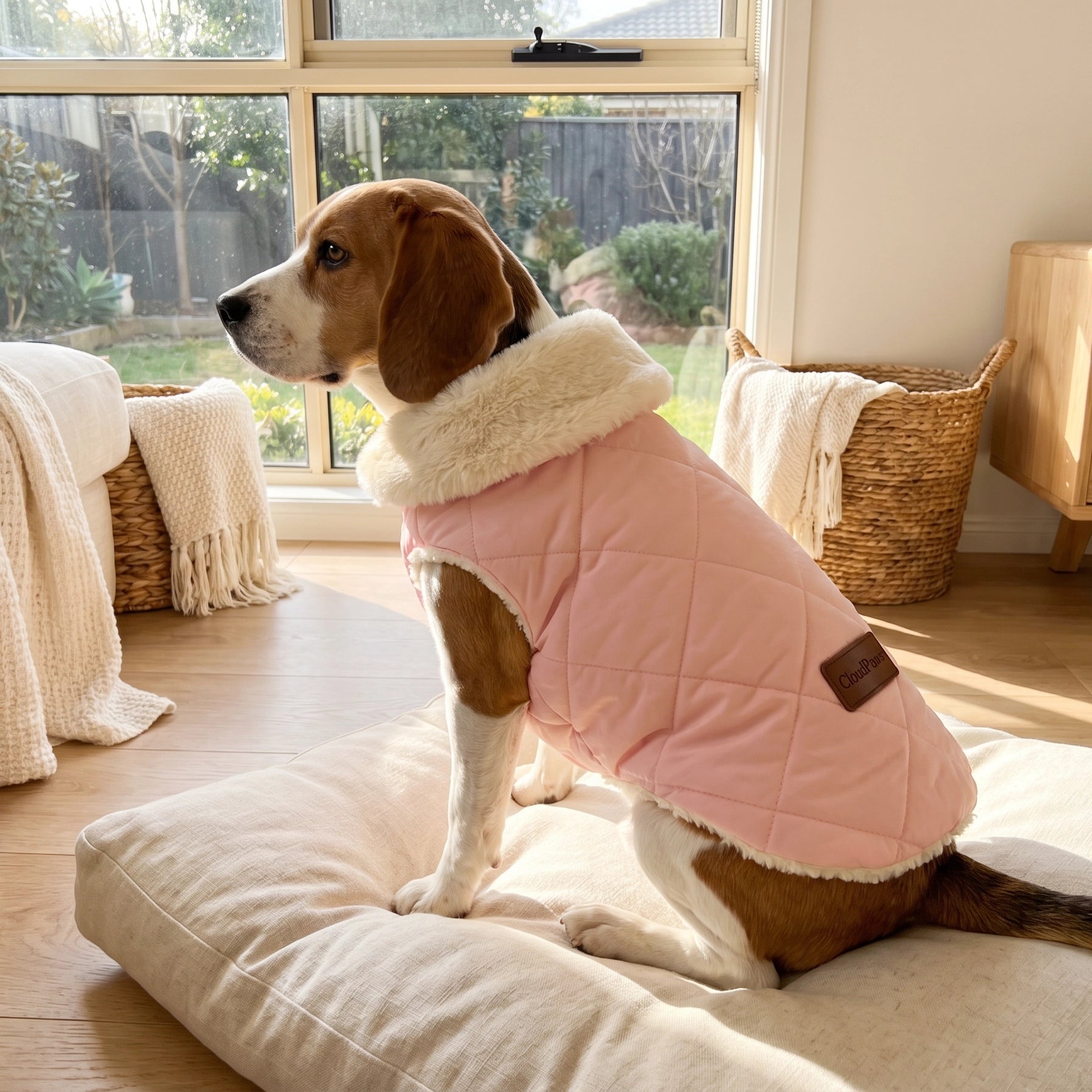Dog wearing a pink coat sitting on a cushion in a cozy room.