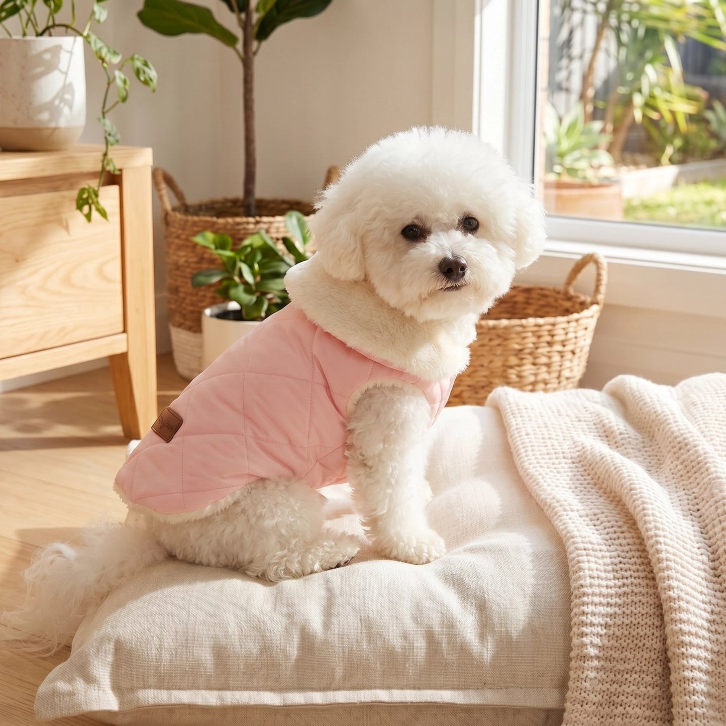 White dog wearing a pink sweater sitting on a cushion in a bright room with plants.