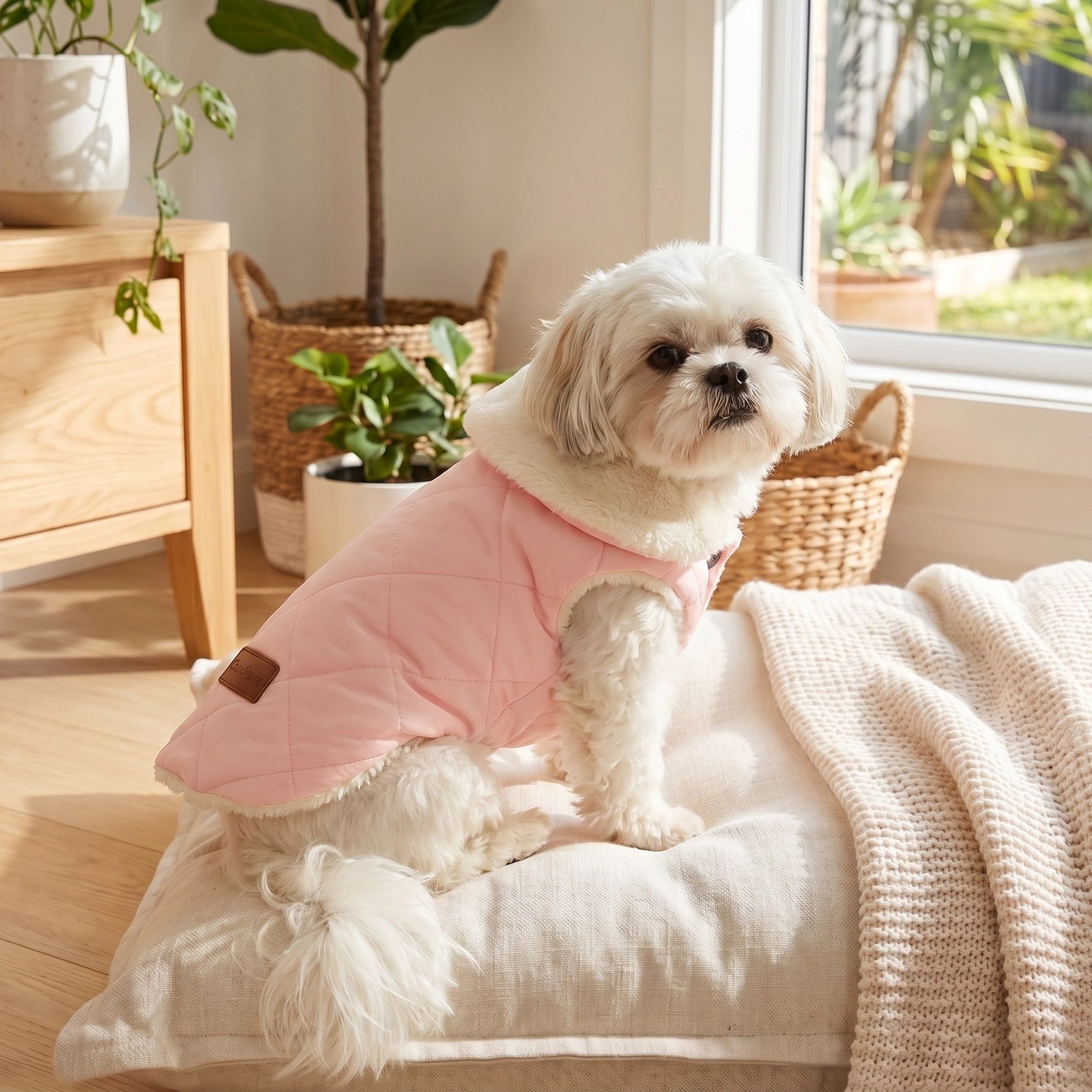 Small white dog wearing a pink sweater sitting on a cushion in a bright room with plants.