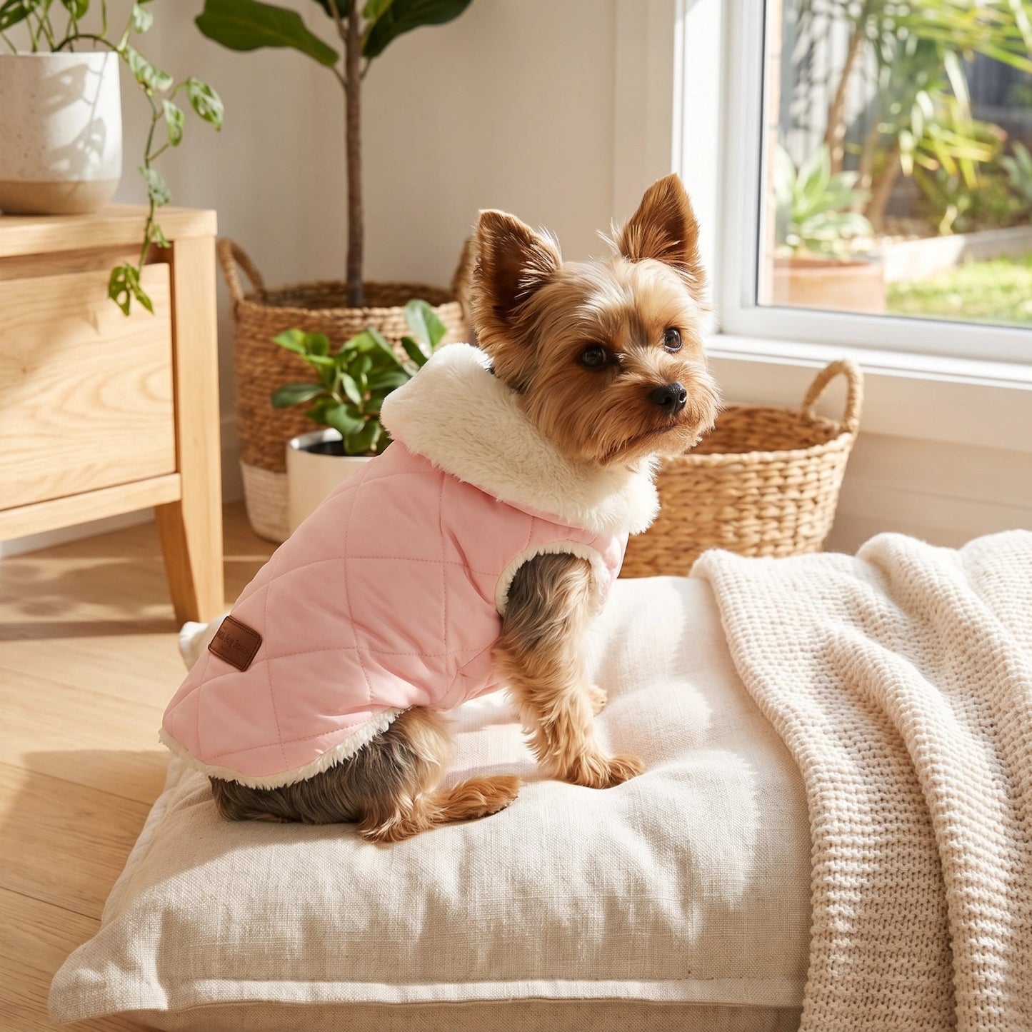 Small dog wearing a pink coat sitting on a cushion in a bright room with plants.