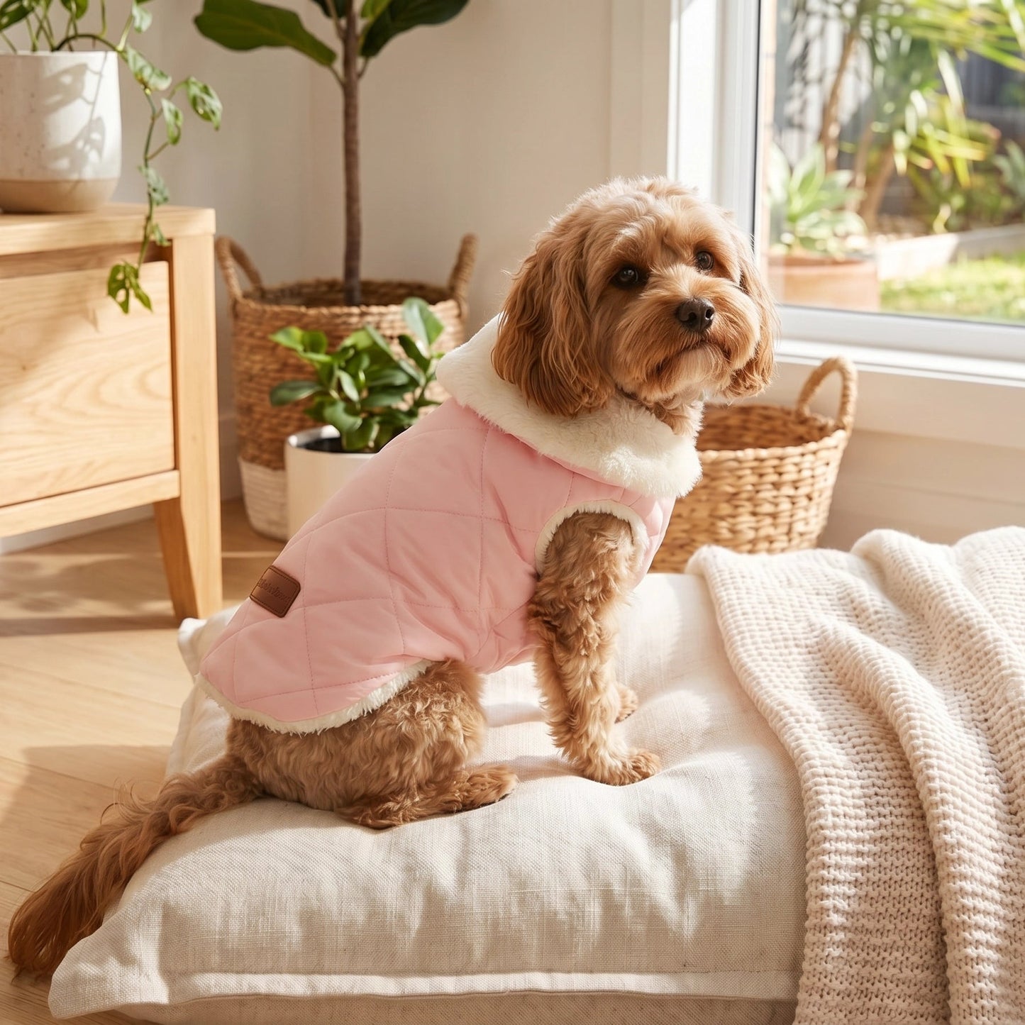 Dog wearing a pink sweater sitting on a bed in a cozy room with plants and furniture.