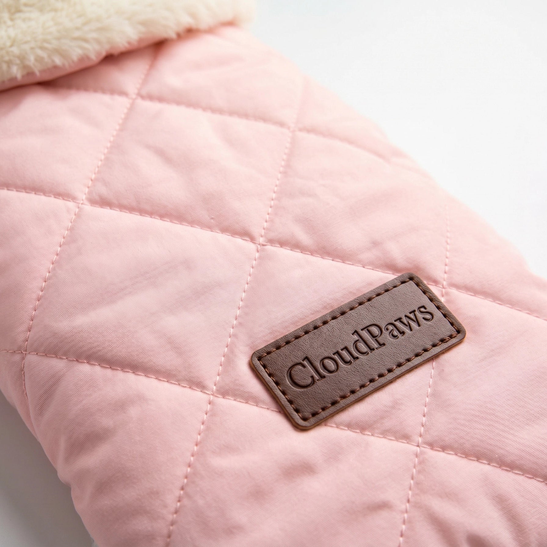 Pink quilted pet coat with 'CloudPaws' label on a white background
