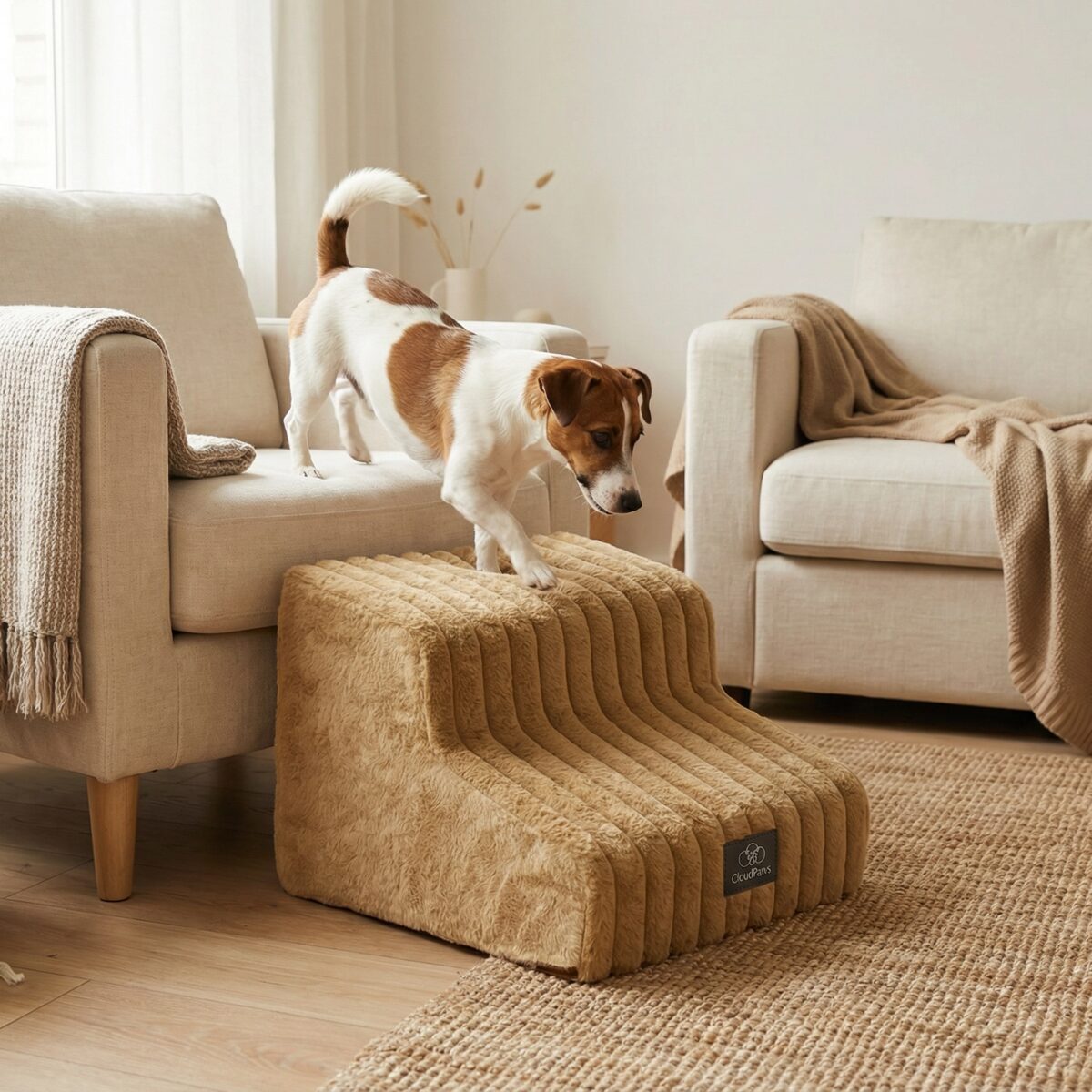 Dog standing on a pet ramp in a cozy living room with beige furniture and decor.