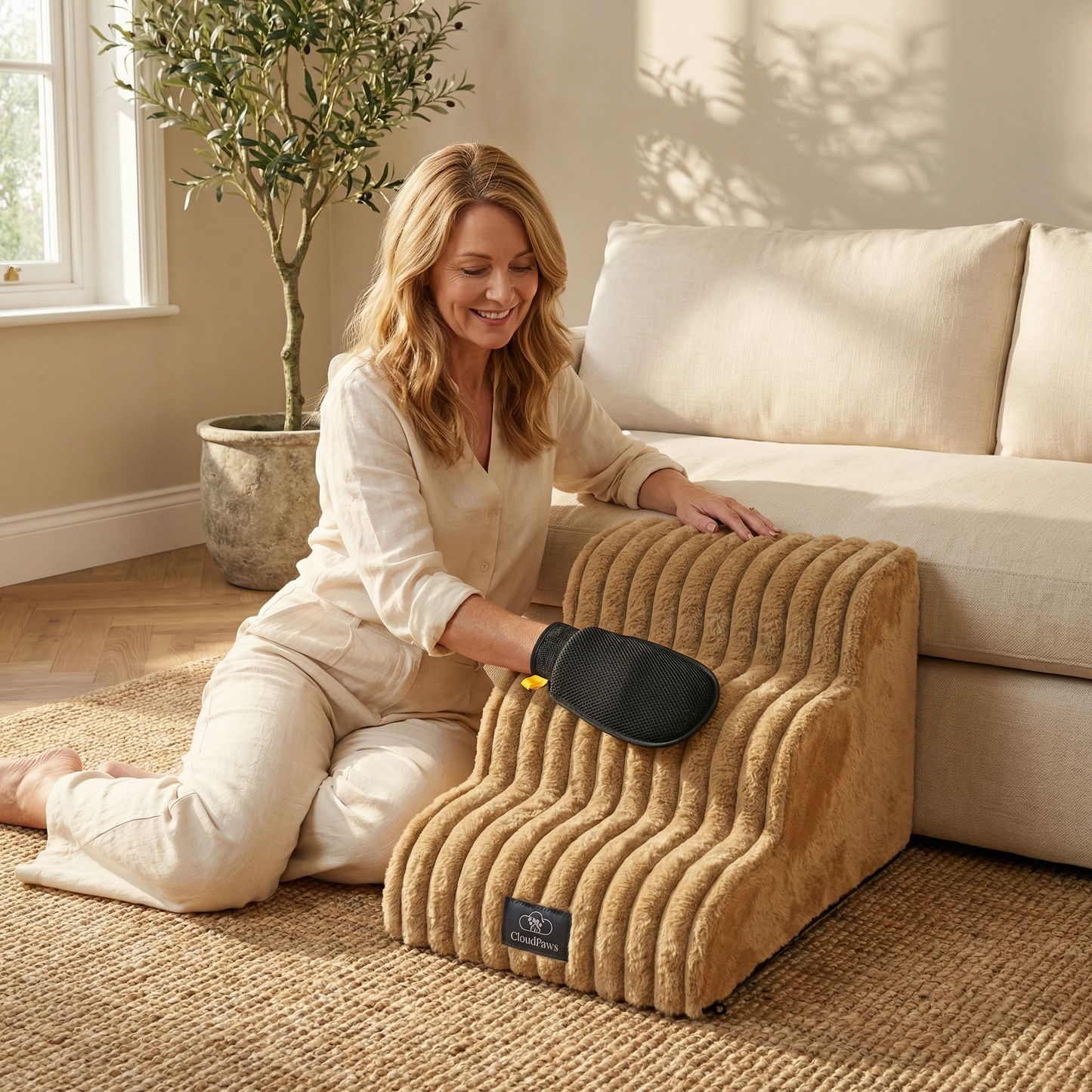 Woman using a pet heating pad in a cozy living room.