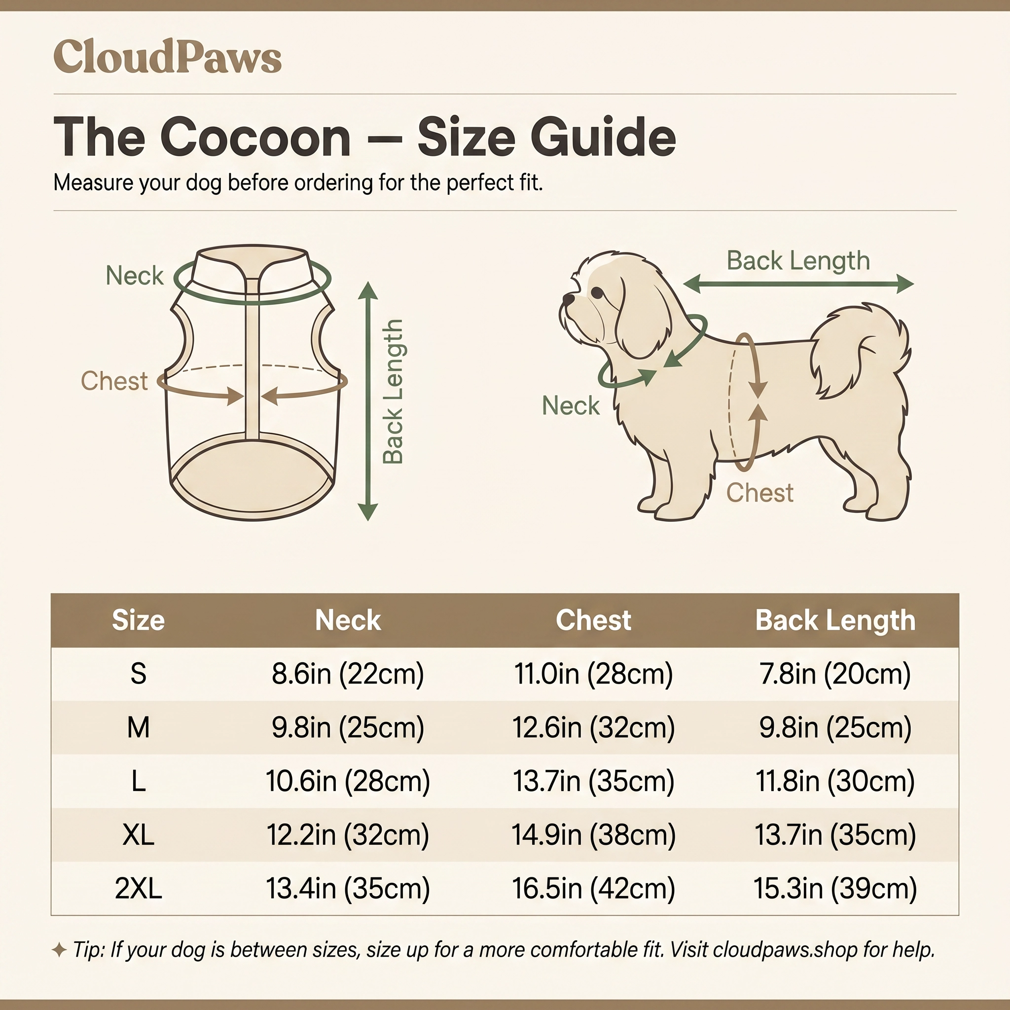 CloudPaws Cocoon size guide for dogs with measurements and illustrations.