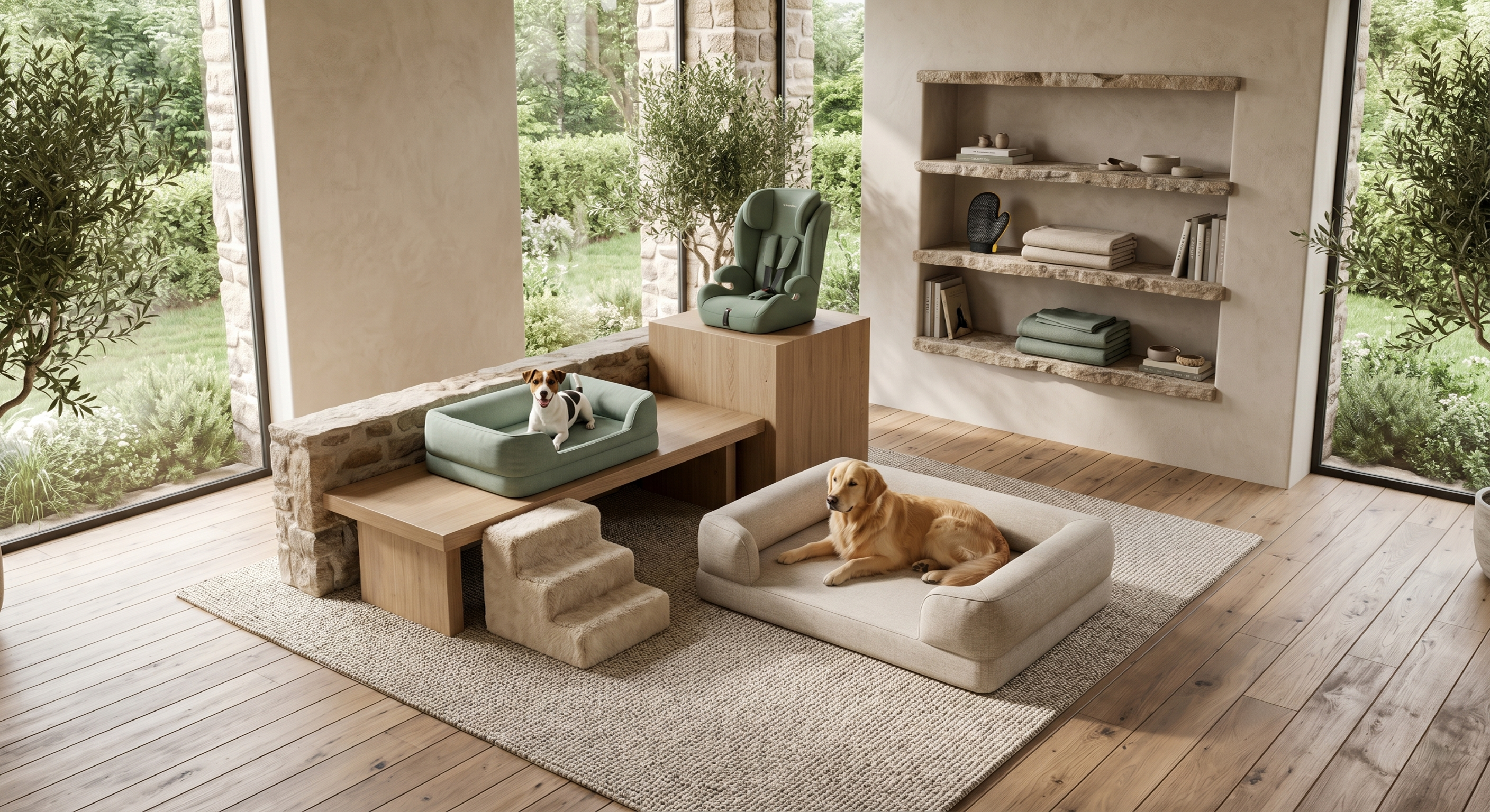Dog lying on a bed in a modern living room with pet accessories.