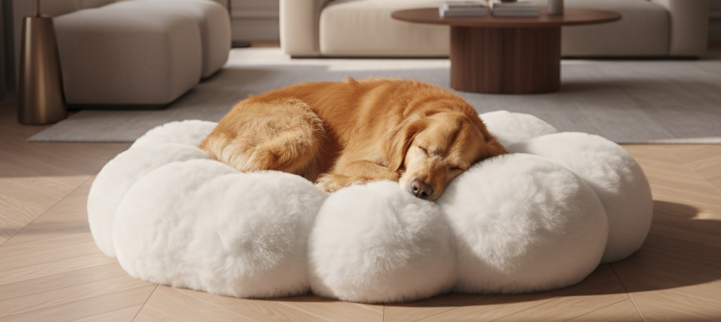 Dog sleeping on a fluffy white pet bed in a modern living room.