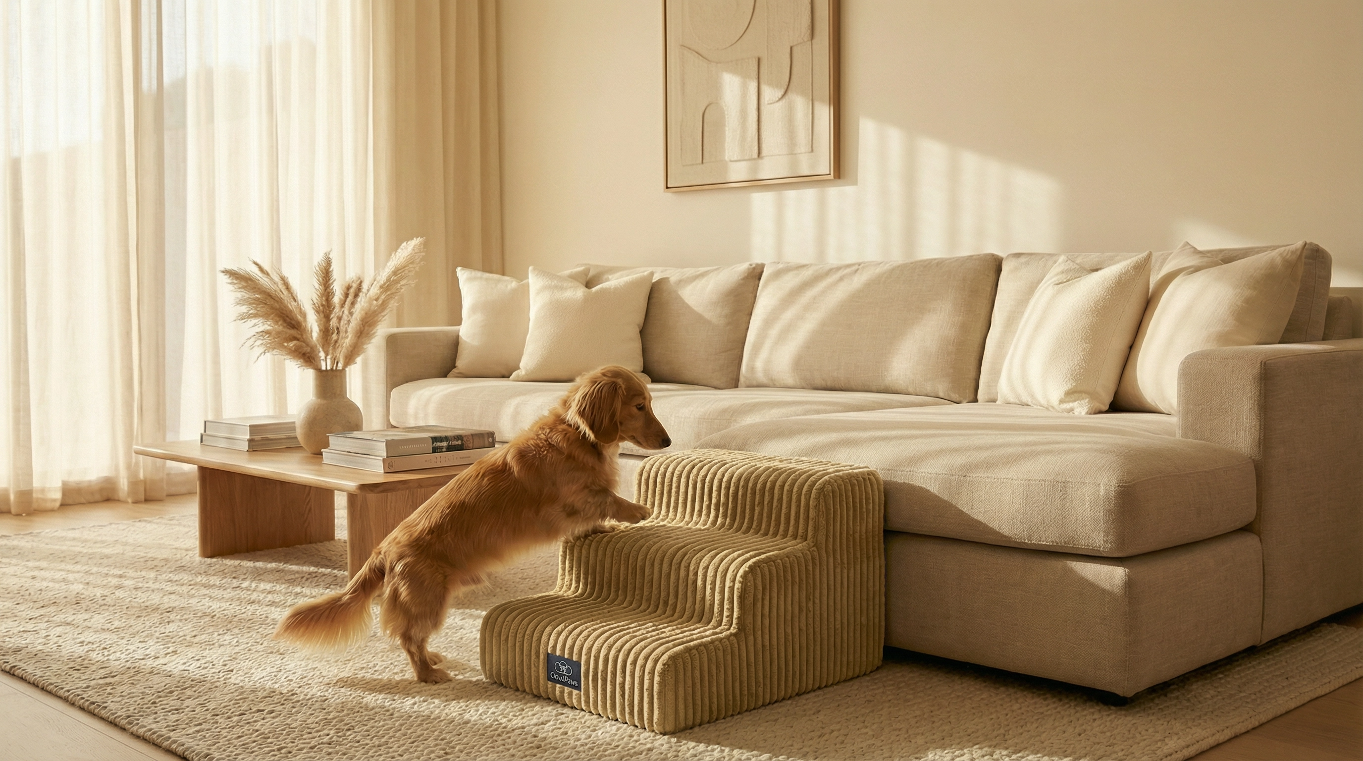 Dog using a pet staircase to reach a beige sectional sofa in a living room.