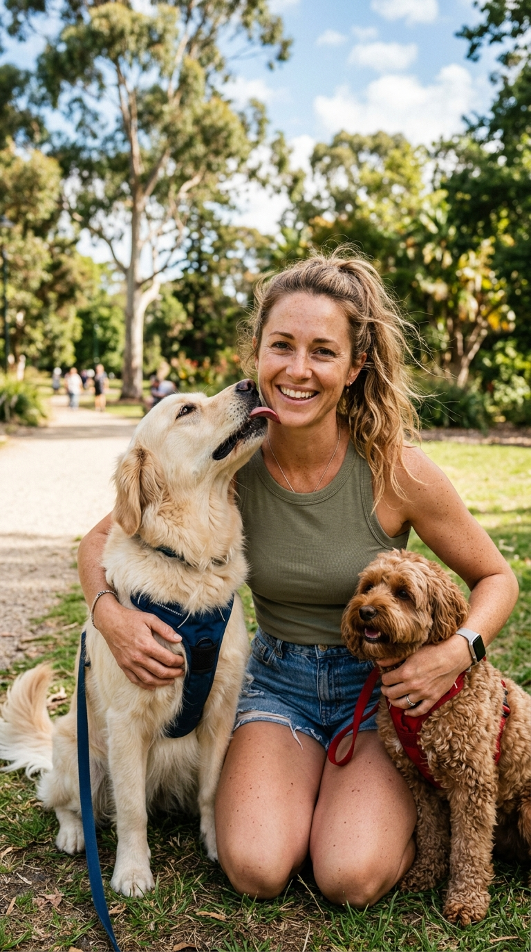 Woman sitting on grass with two dogs in a park