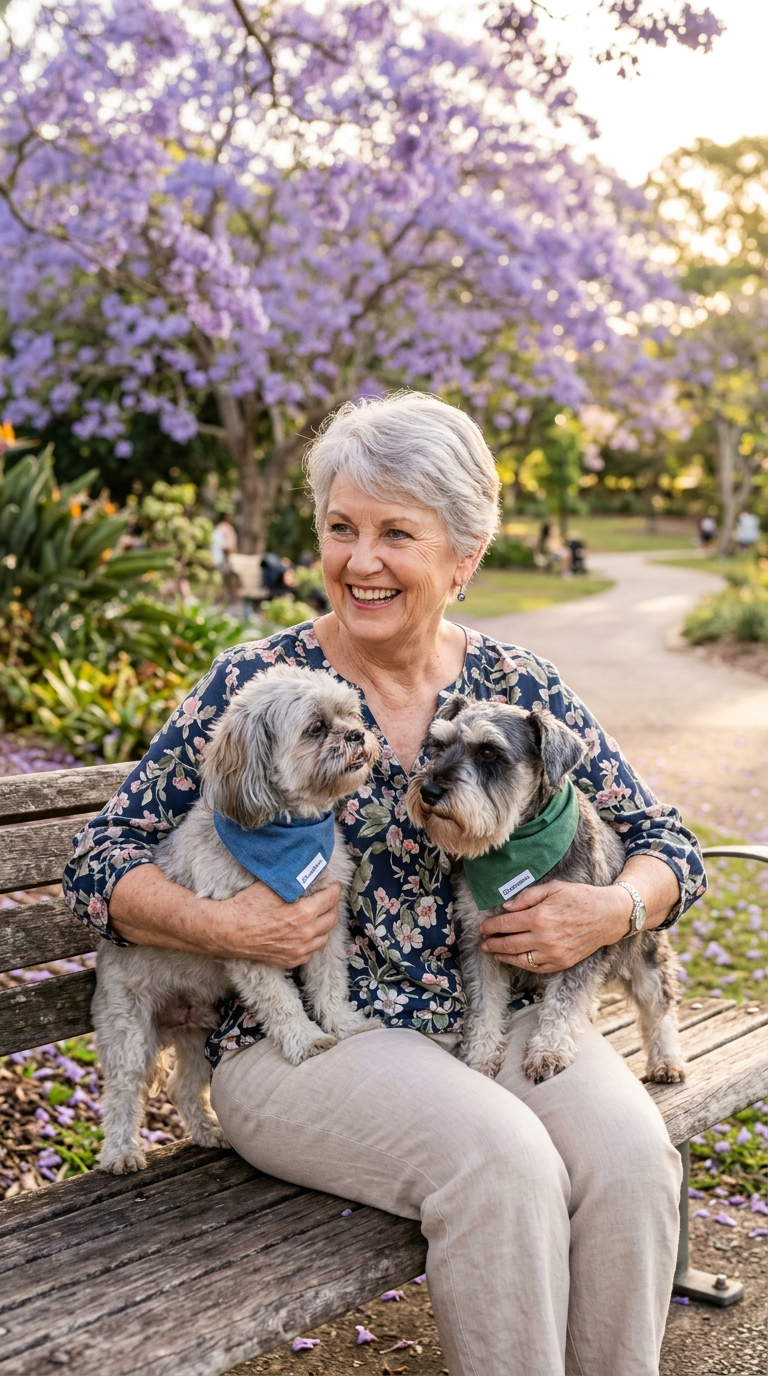 Woman sitting on a bench with two dogs in a park with purple flowers in the background