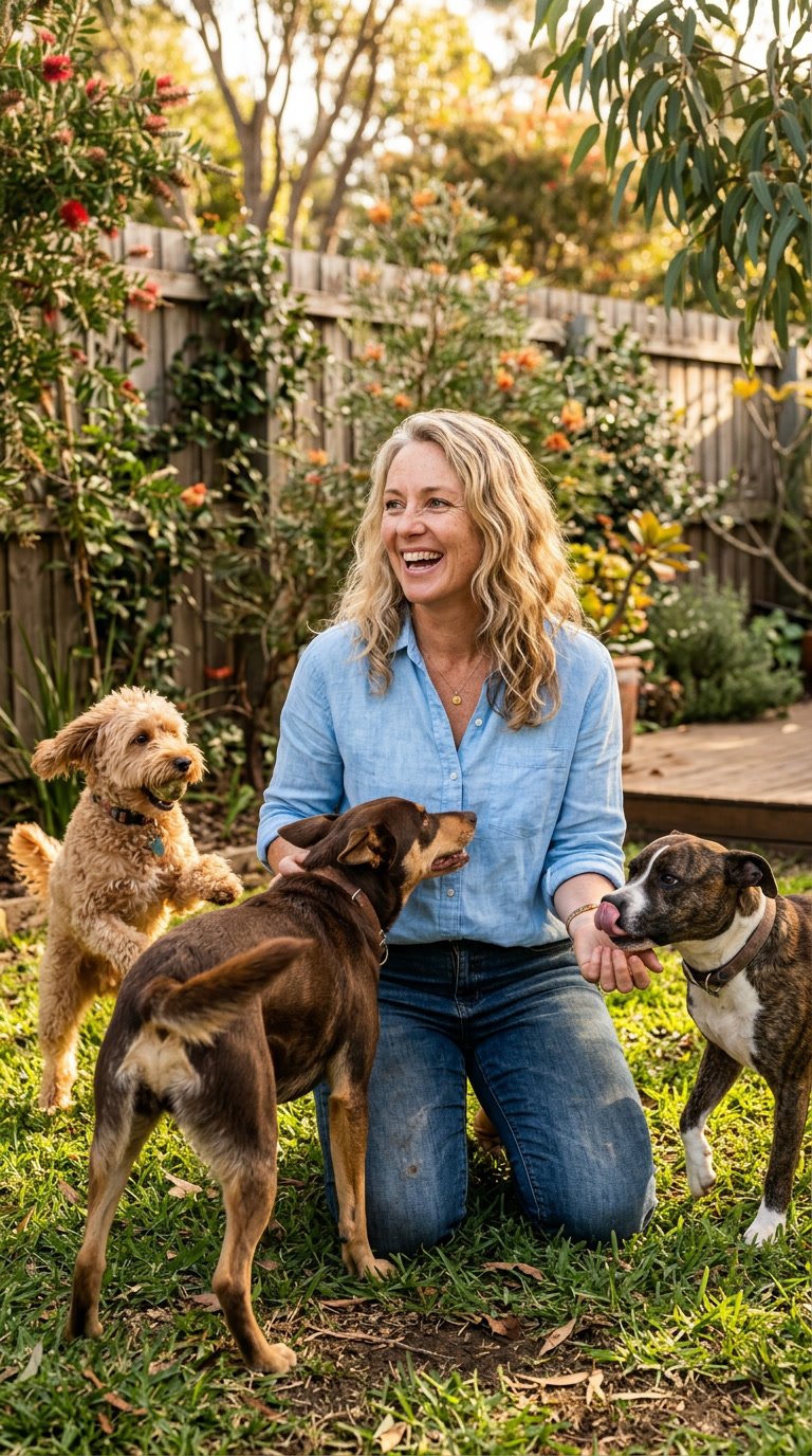 Woman with three dogs in a garden setting