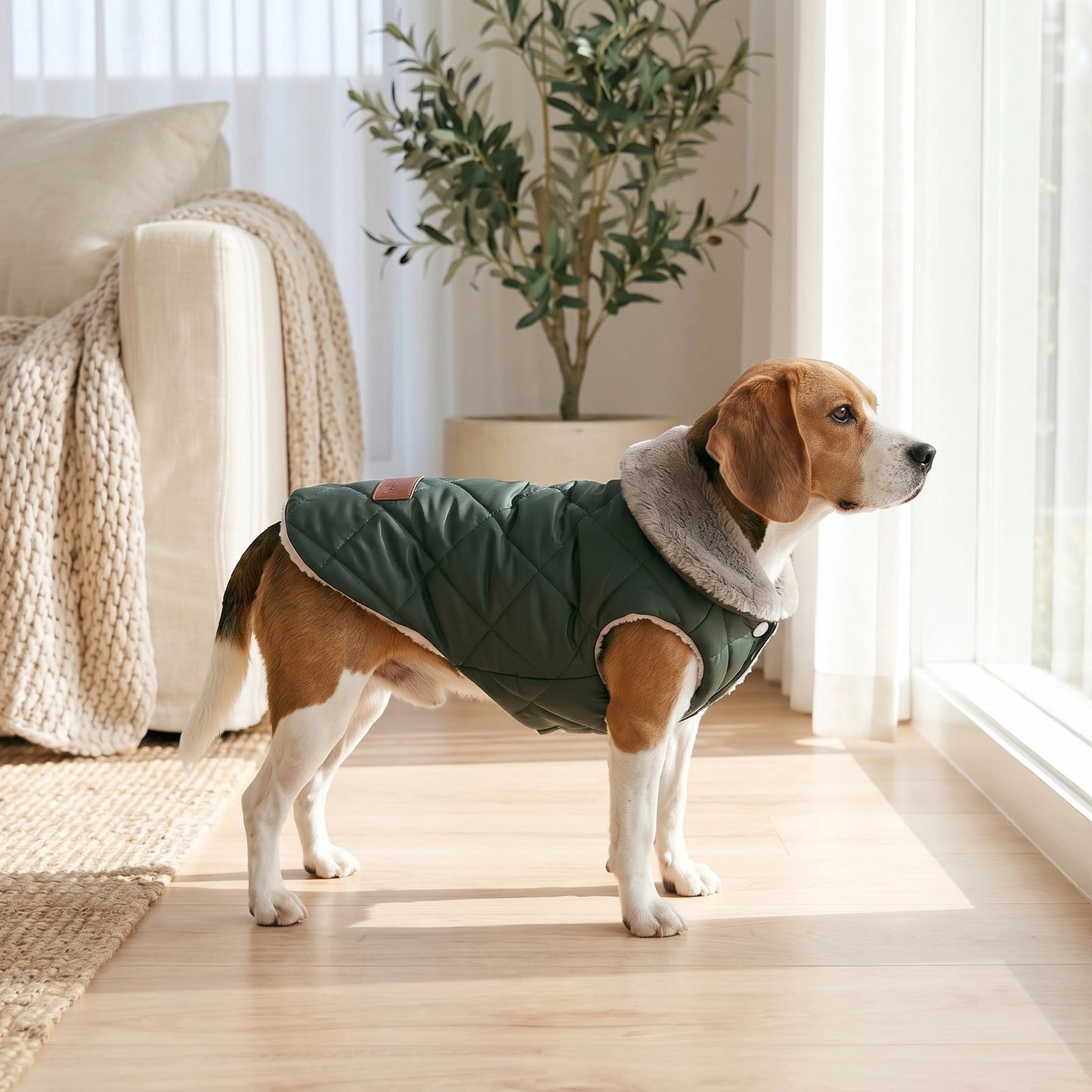 Dog wearing a green coat standing in a living room with a couch and plant in the background.