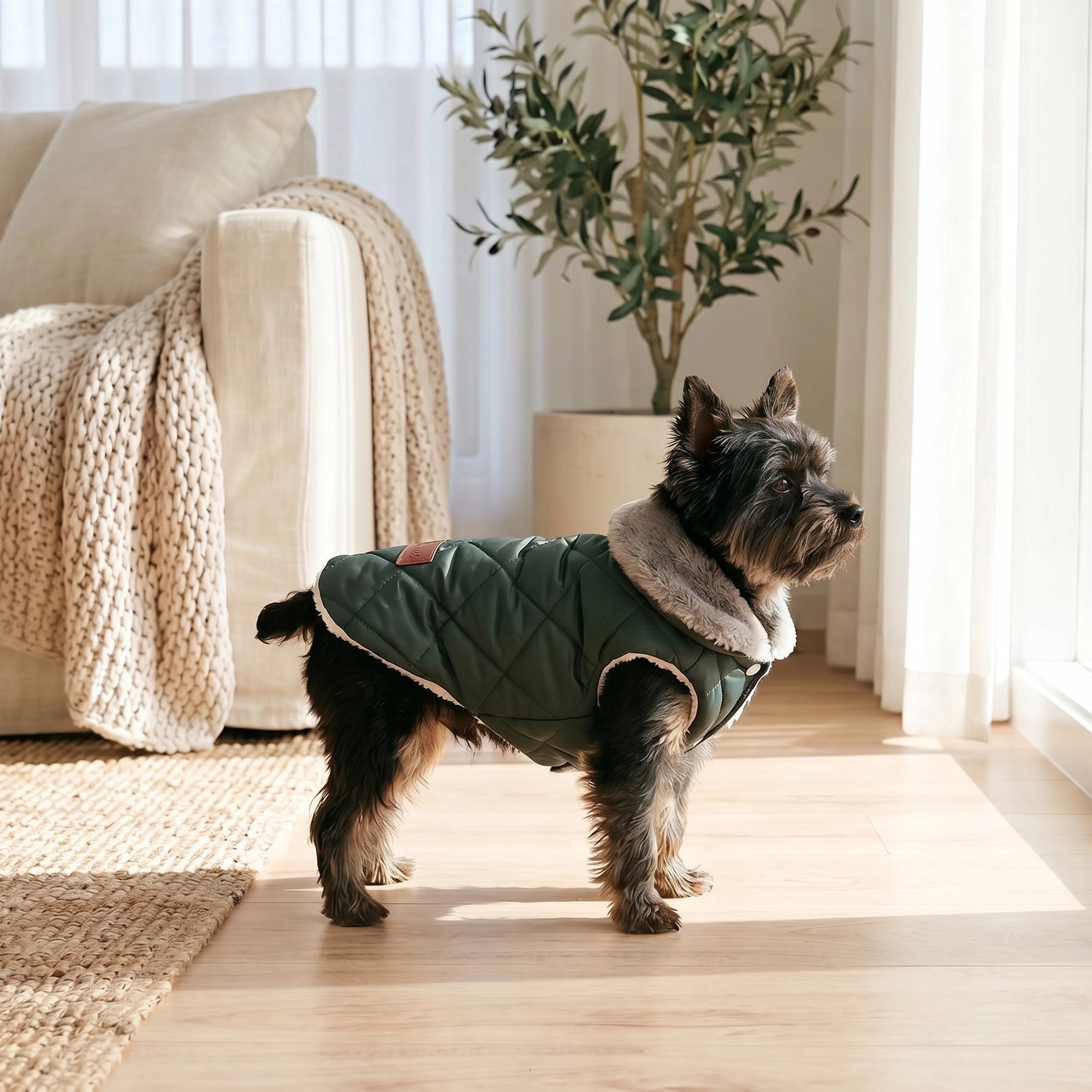 Dog wearing a green coat standing in a living room with a couch and plant in the background.
