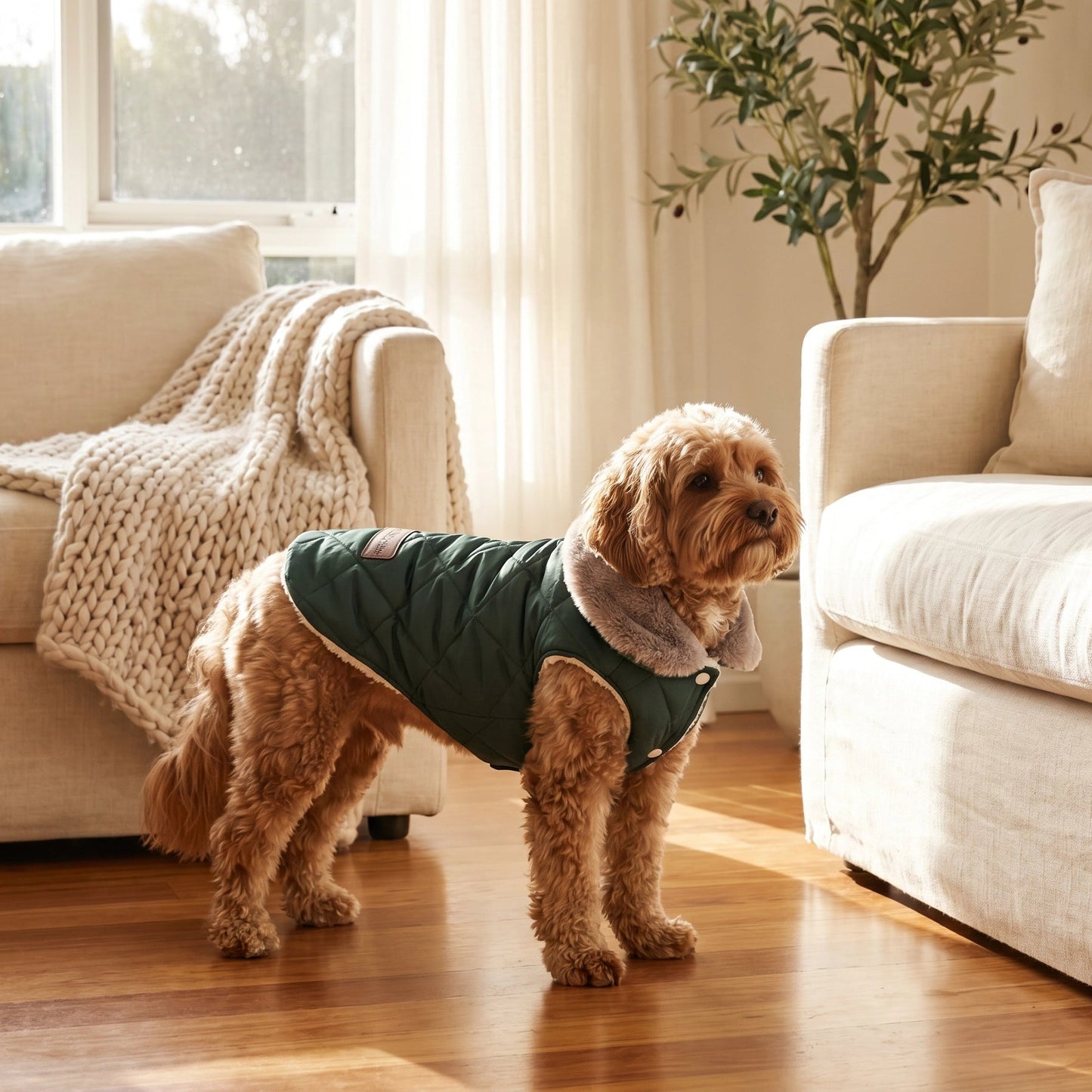 Dog wearing a green jacket in a living room