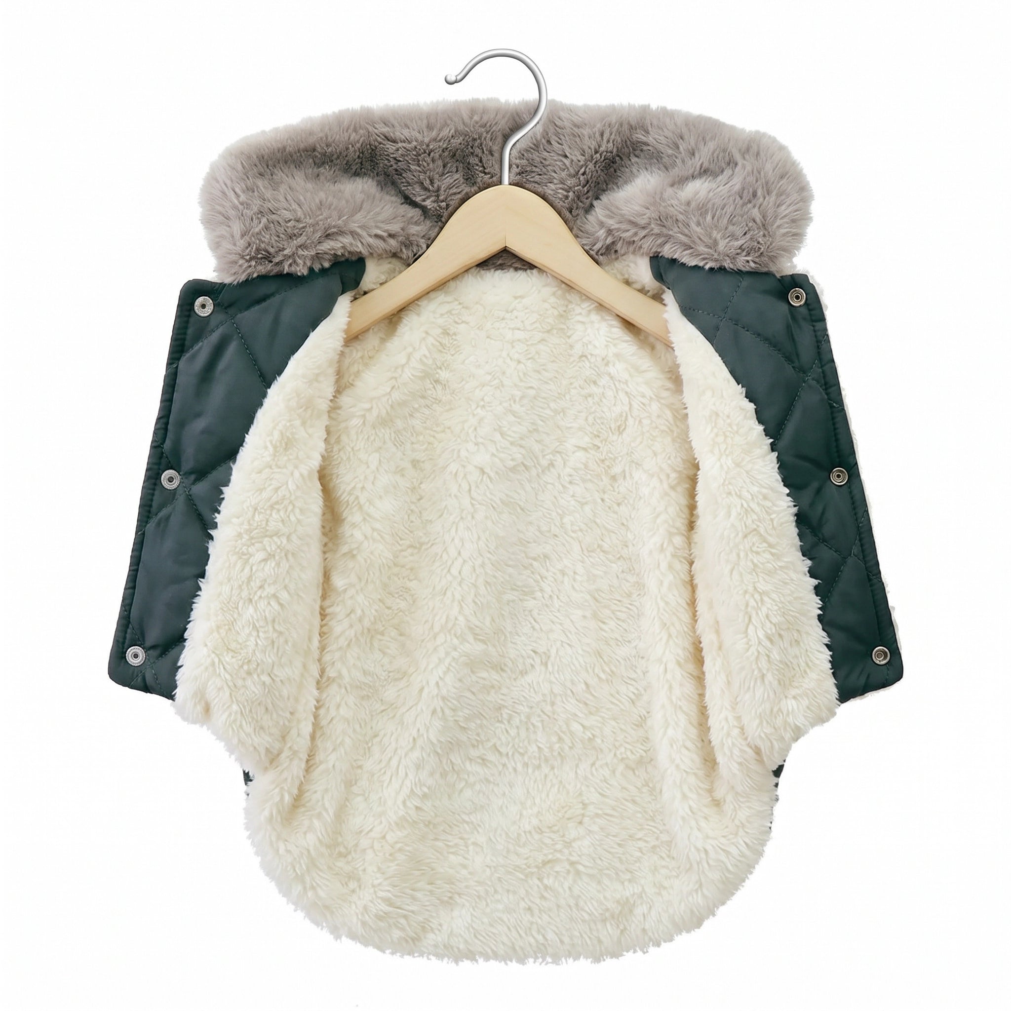 Children's vest with fur lining on a hanger against a white background