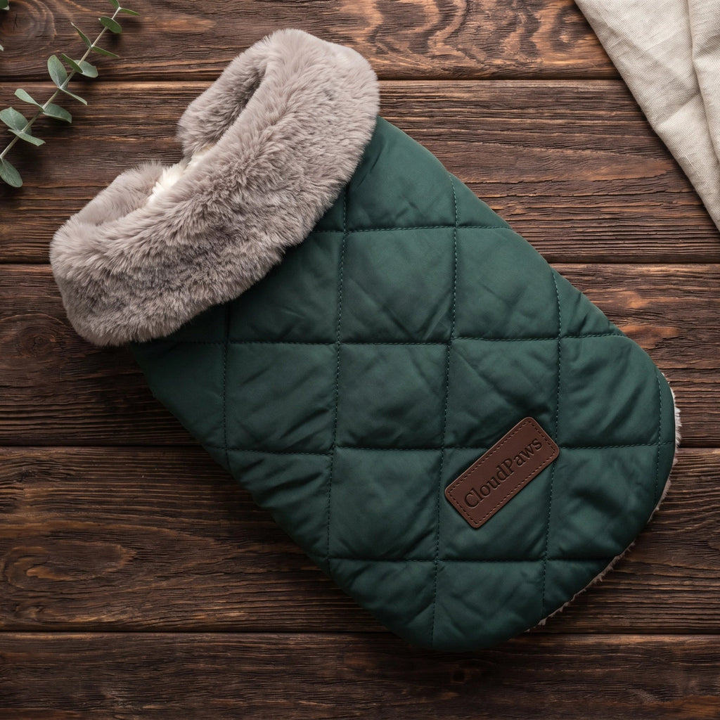 Green quilted dog bed with gray fur on a wooden surface