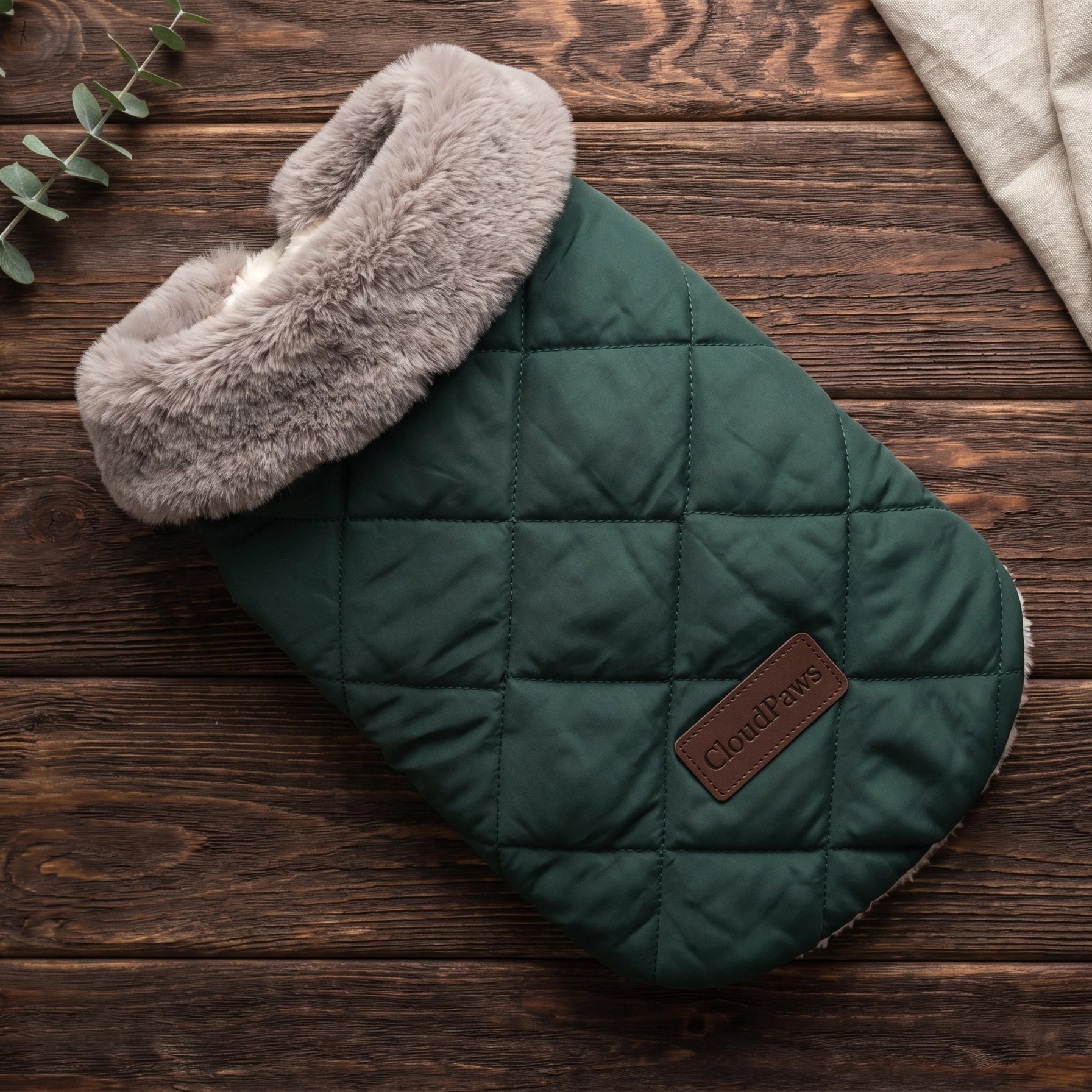 Green quilted dog bed with gray fur on a wooden surface