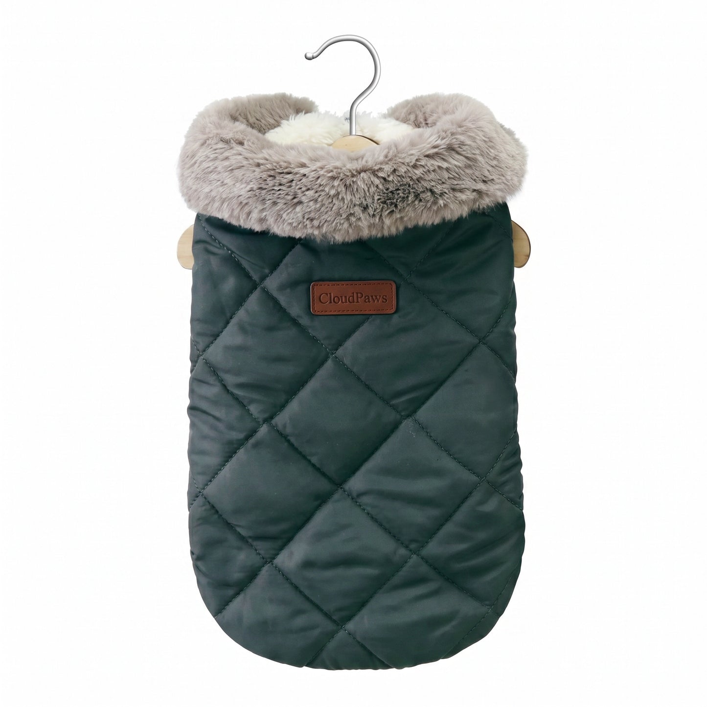 Green quilted dog coat with fur-lined hood on a white background