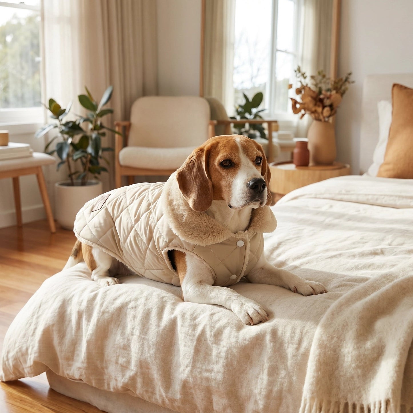 Dog in a sweater lying on a bed in a cozy bedroom