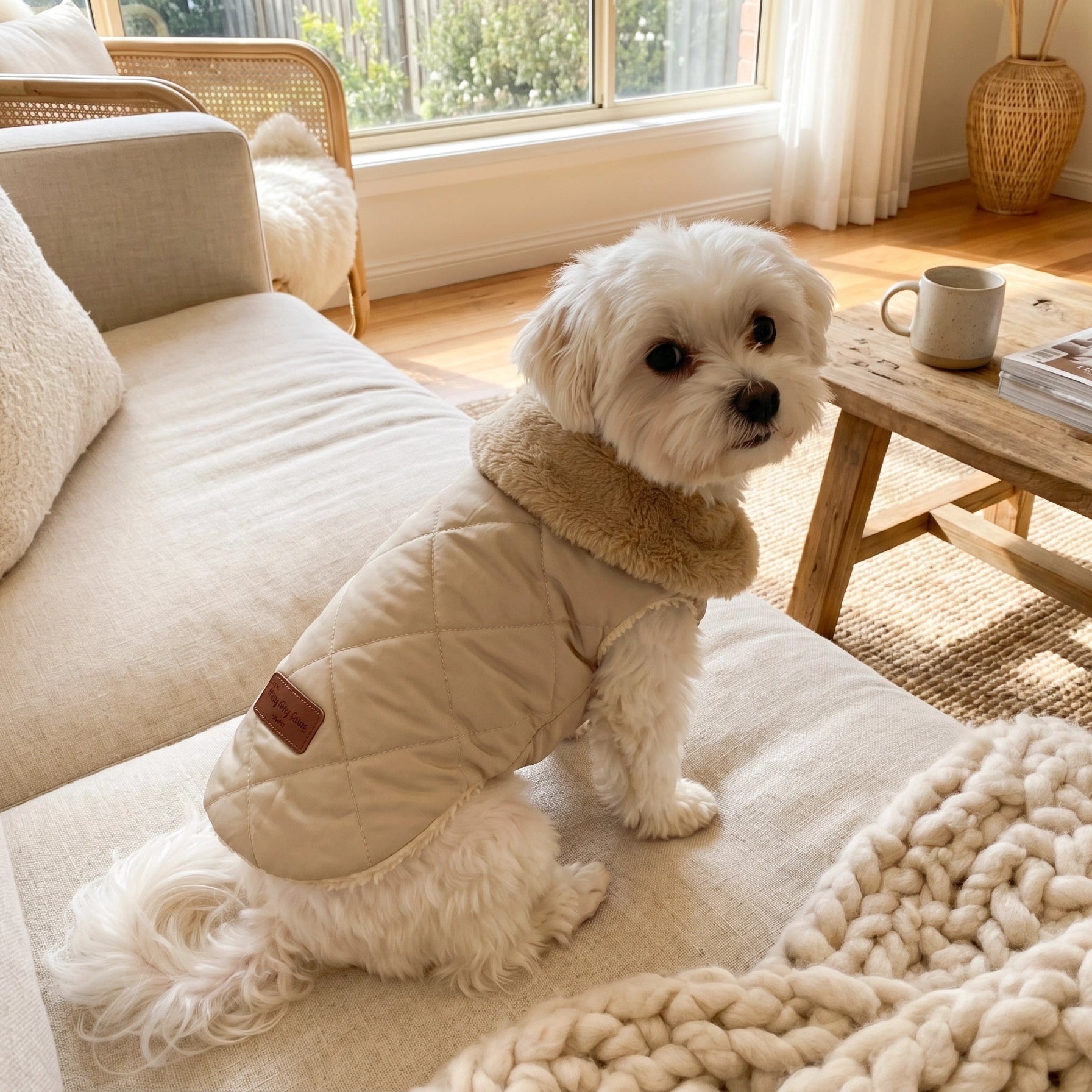 Small white dog wearing a beige coat sitting on a light-colored sofa in a cozy living room.