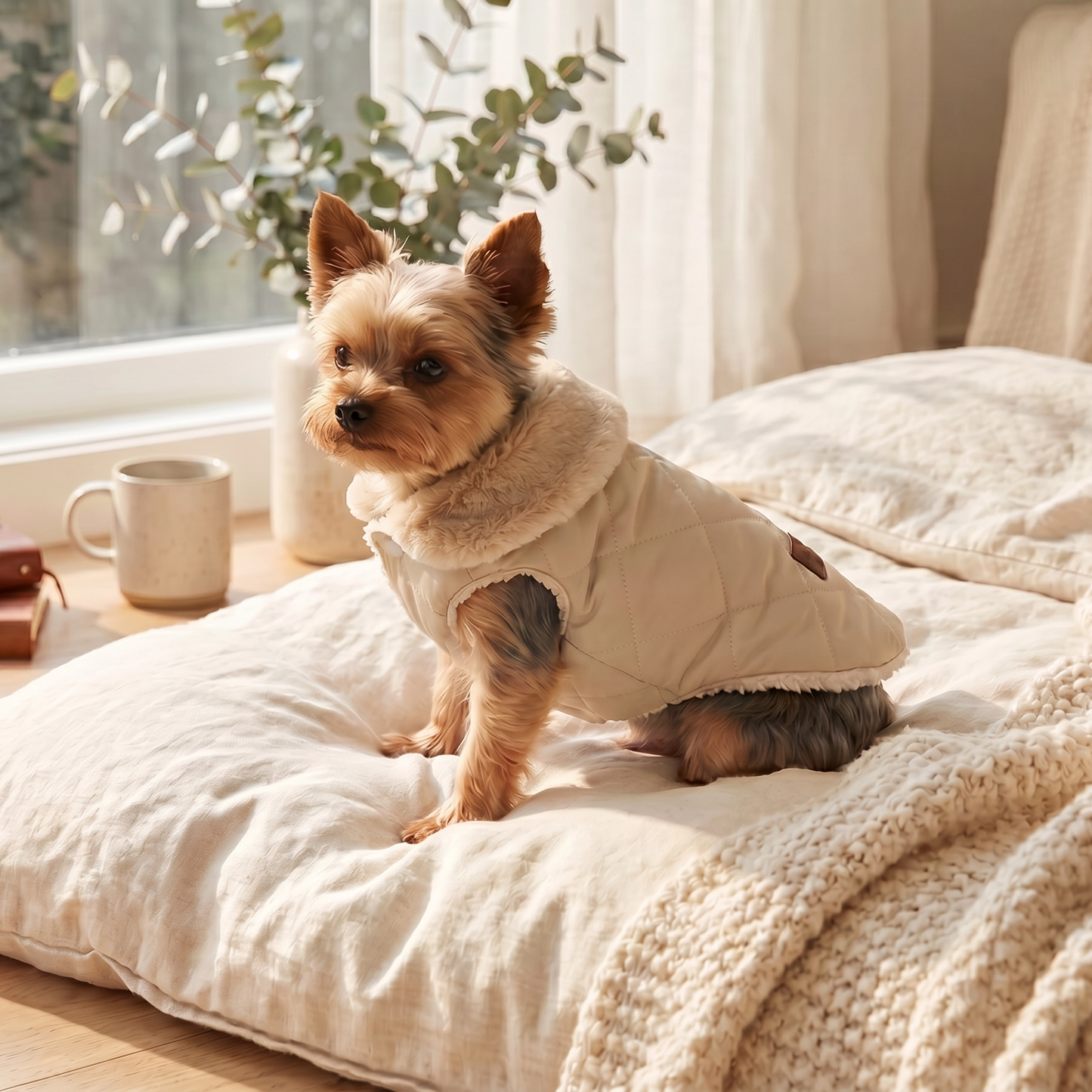 Small dog wearing a beige sweater sitting on a bed in a cozy room.