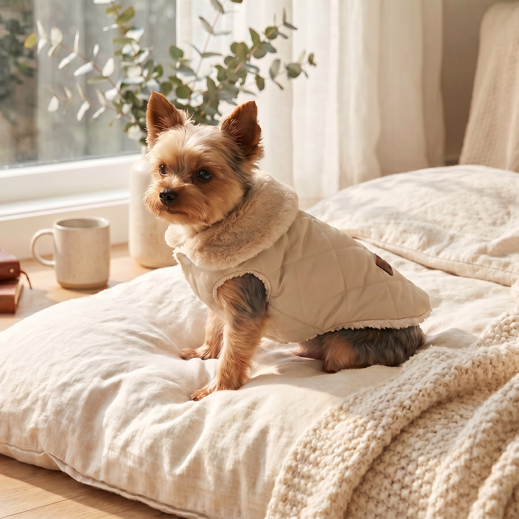 Small dog wearing a beige sweater sitting on a bed in a cozy room.