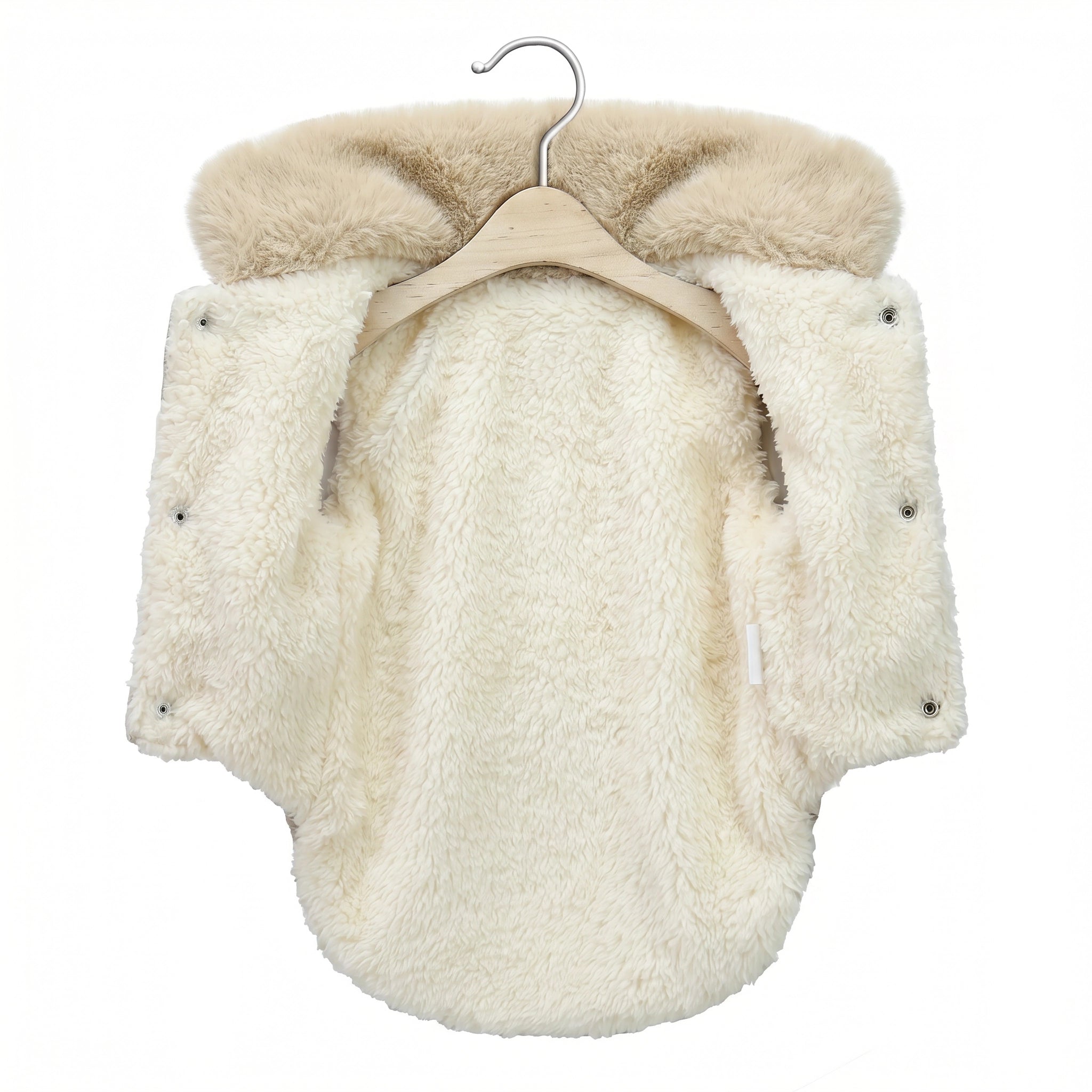 Cream-colored fluffy garment on a hanger against a white background