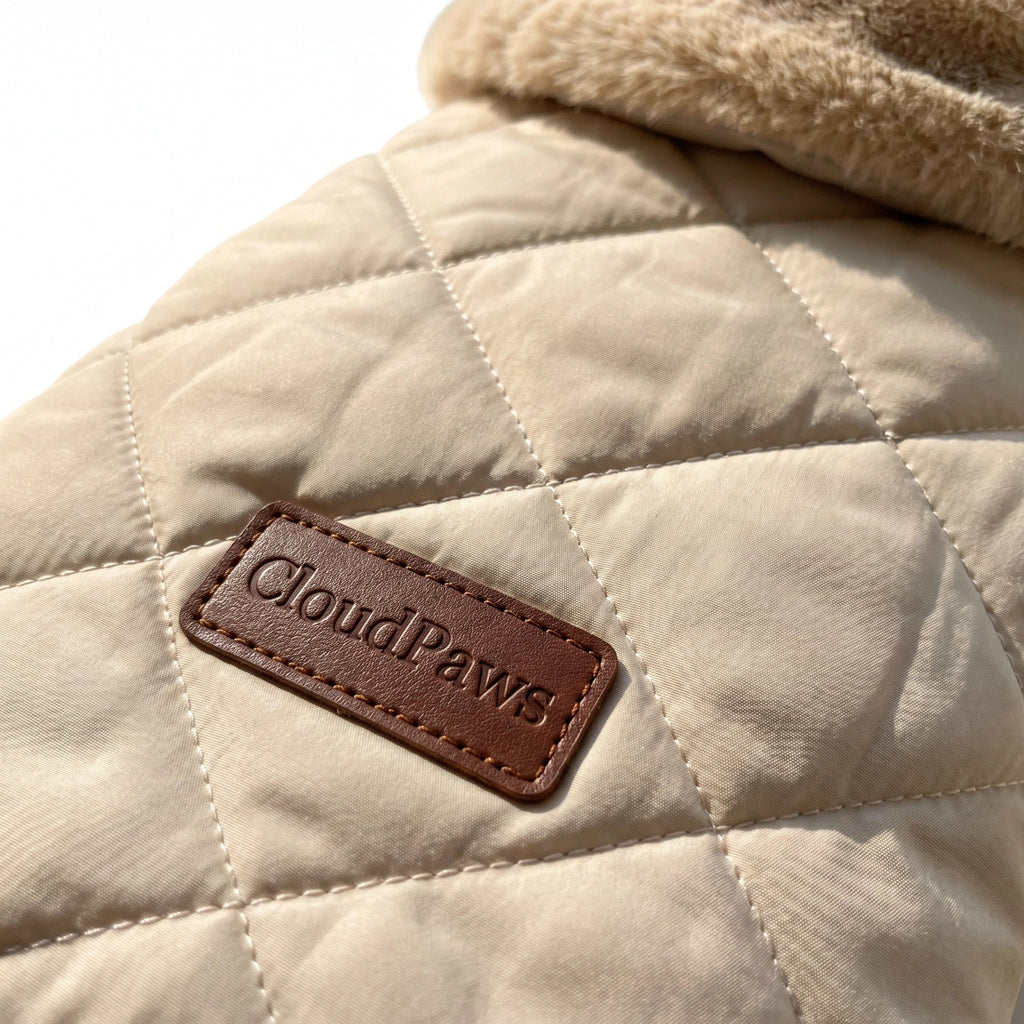 Beige quilted pet coat with a brown 'CloudPaws' label on a white background