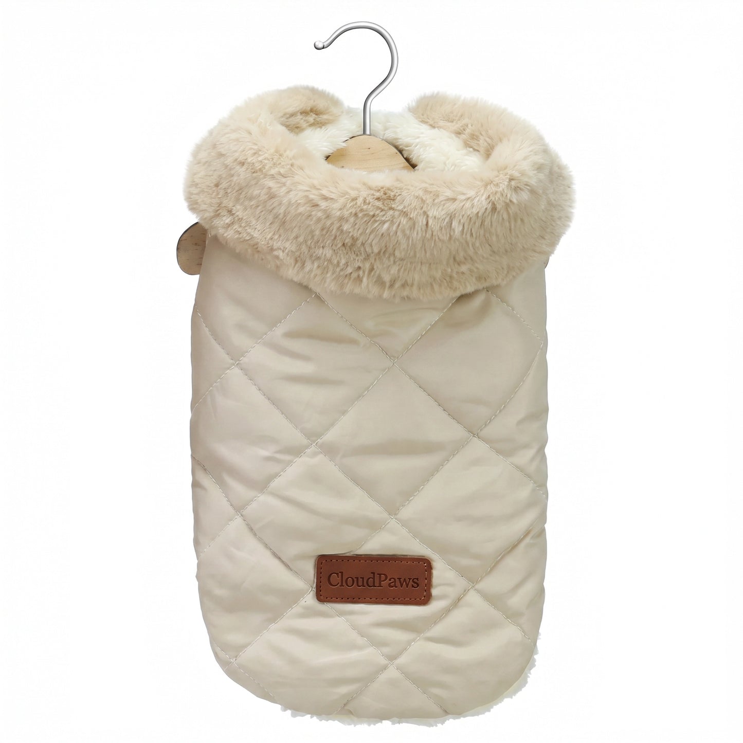Quilted pet coat with fluffy collar on a hanger, featuring the CloudPaws brand.