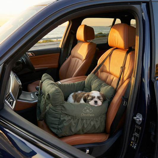 Dog in a green pet seat in a car with 'CloudPaws' branding.