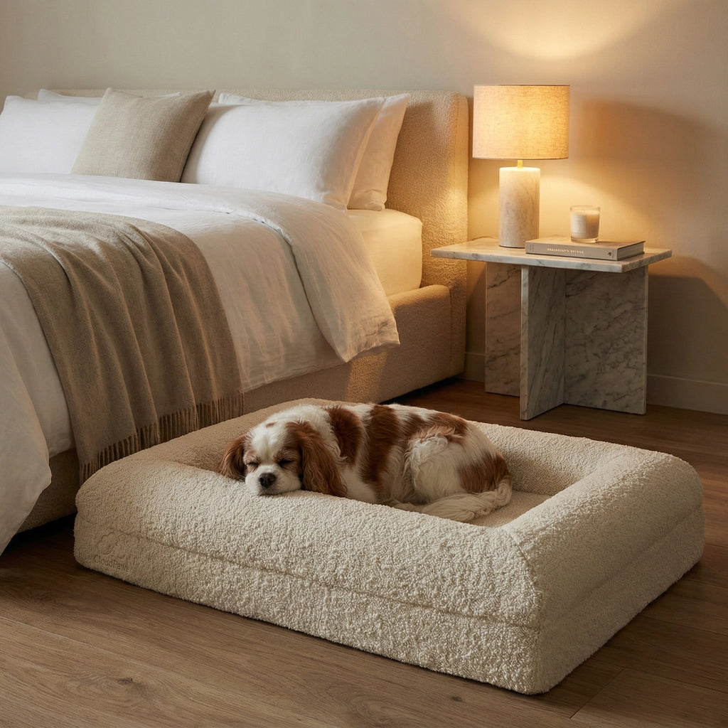 Dog lying on a fluffy pet bed in a cozy bedroom with a lamp and nightstand.