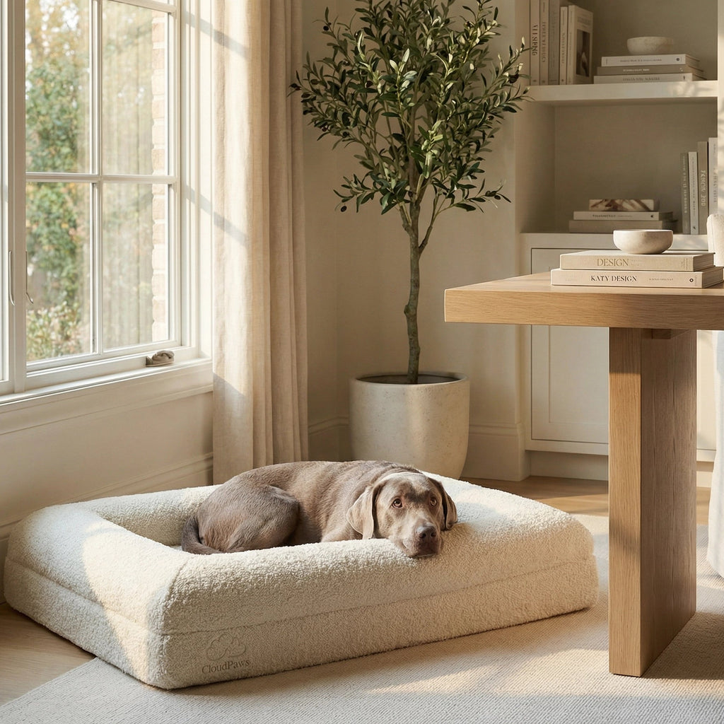 Dog resting on a cushion in a cozy living room with a table and plant.