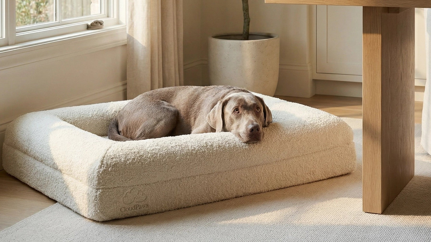 Dog resting on a cushion in a cozy living room with a table and plant.