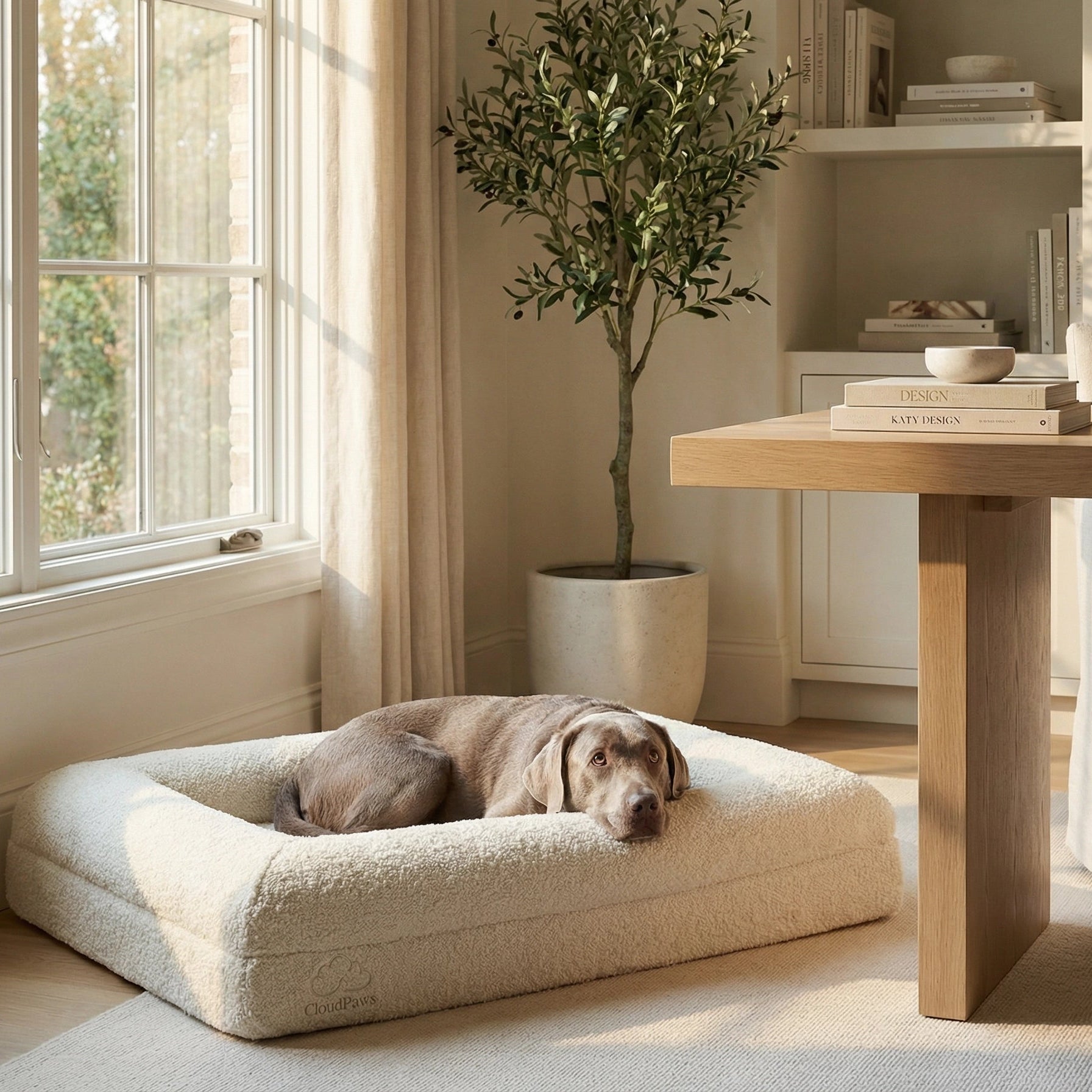 Dog resting on a cushion in a cozy living room with a table and plant.