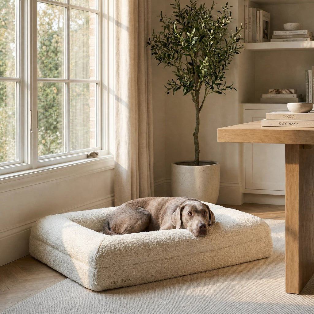 Dog resting on a cushion in a modern living room with a wooden table and chairs.