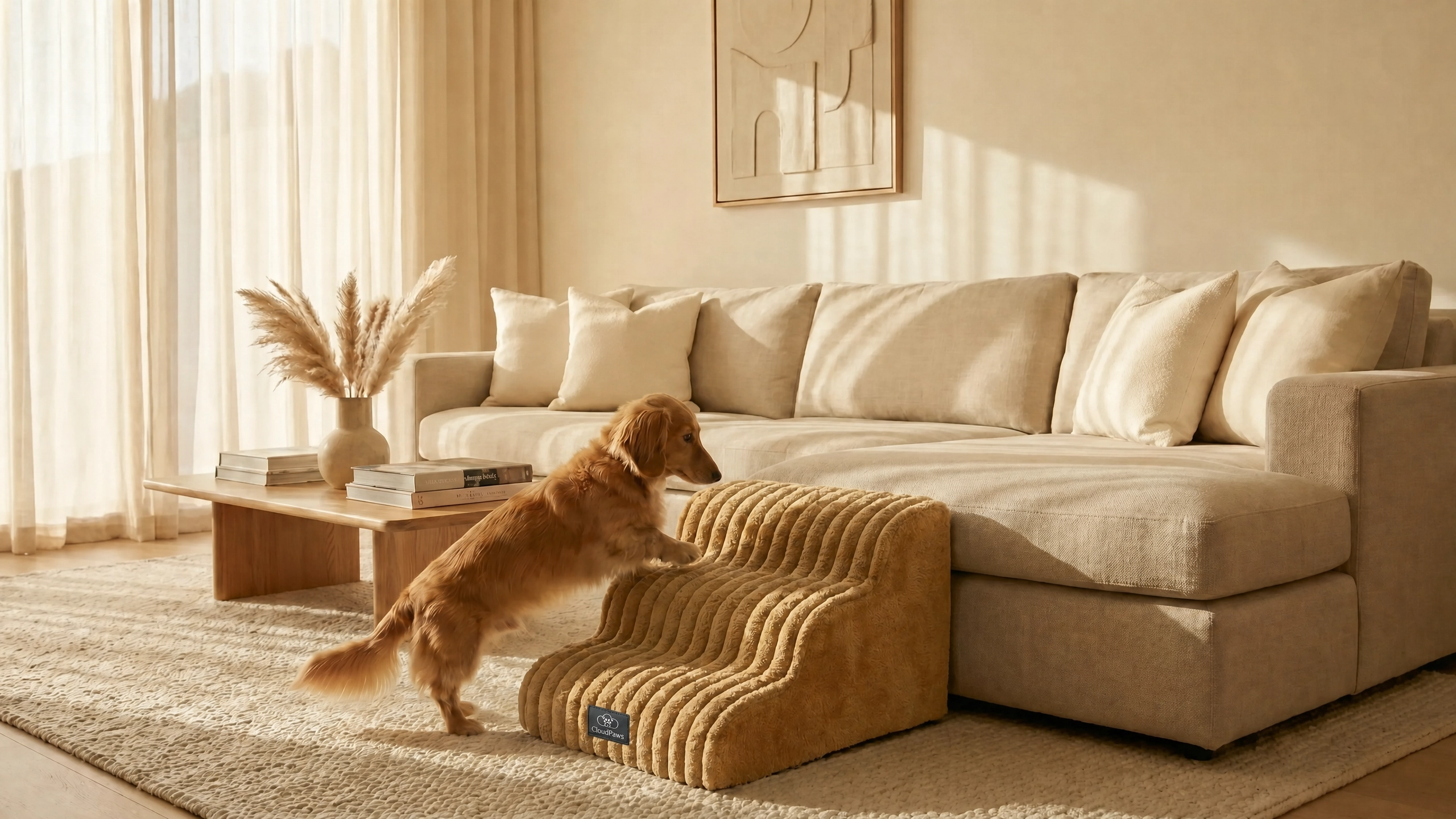 Dog playing with a pet ramp in a cozy living room.
