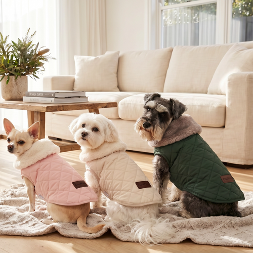 Three dogs wearing colorful coats in a living room setting.