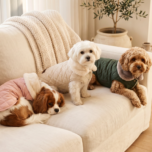 Three dogs in colorful sweaters sitting on a beige sofa in a cozy living room.