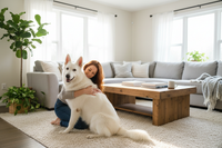 Woman with White Swiss Shepherd
